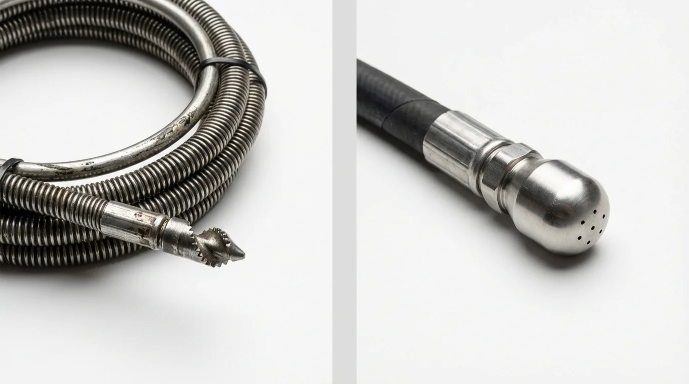 Drain snake cable and hydro jetting nozzle used for drain cleaning in Fredonia, WI