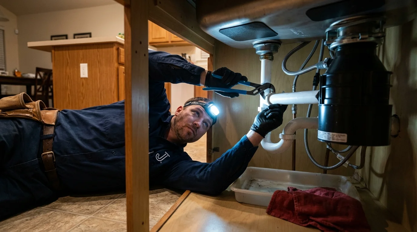 P-trap and supply line connections under a kitchen sink showing a common leak point in Fredonia, WI